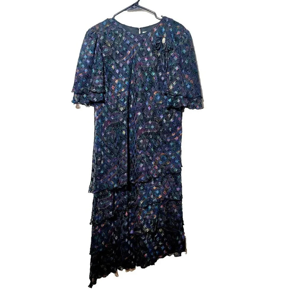 Vtg Cattiva Dress Sz M Midi Geometric Bow Layered Ruffle Chiffon Metallic Retro